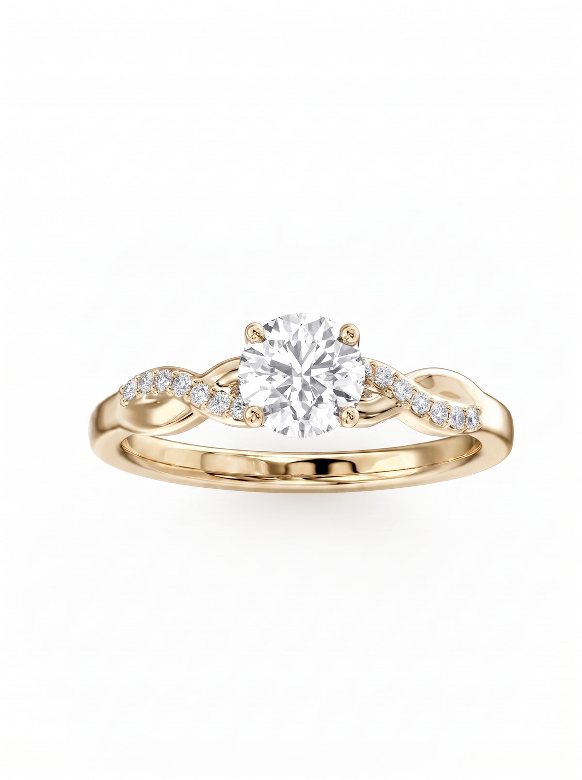 Round cut diamond engagement ring with a twisted gold band and pavé accent stones.