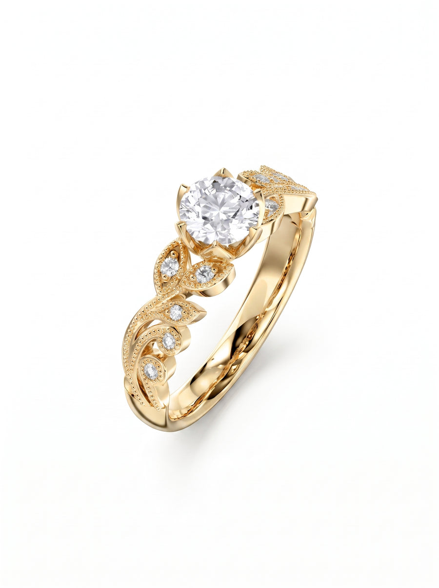 Round cut diamond engagement ring in yellow gold with a vintage leaf-inspired band and small accent stones.