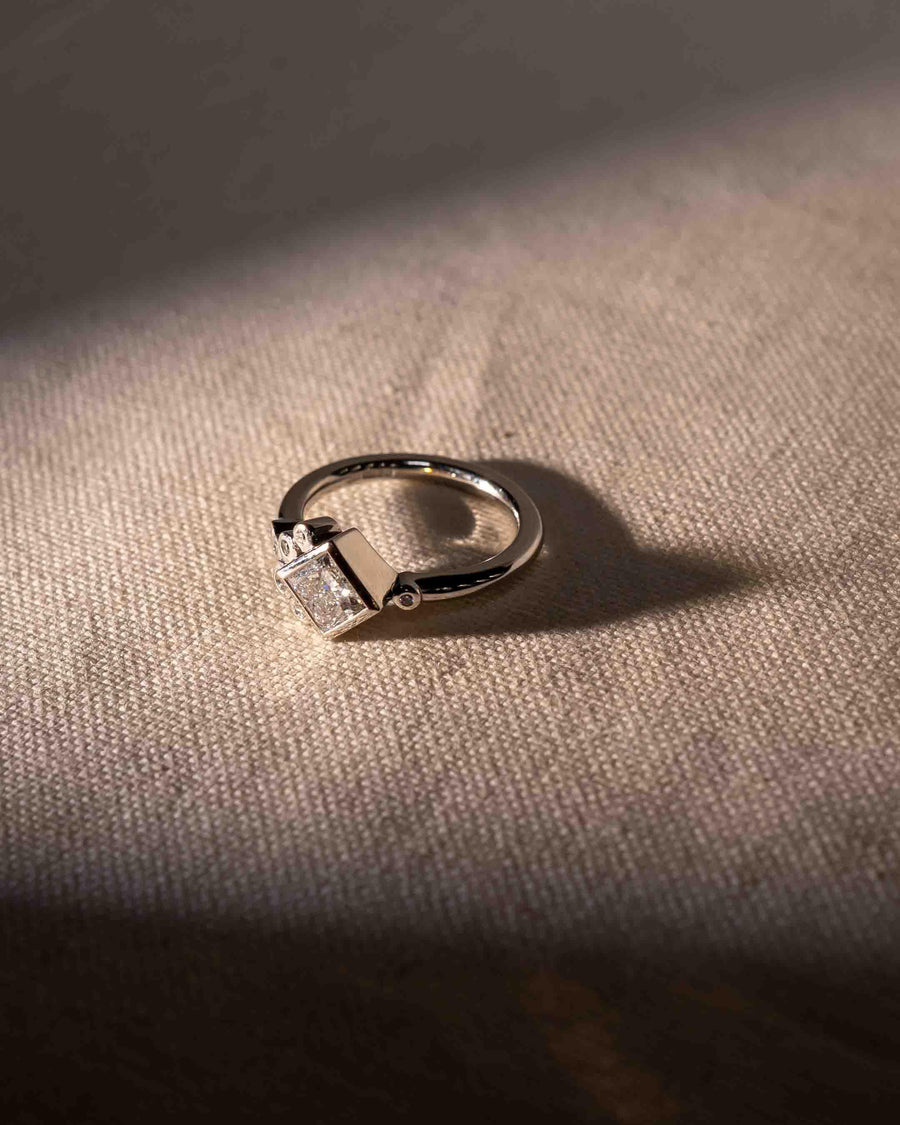 Platinum ring with a 1.03ct emerald cut lab-grown diamond.