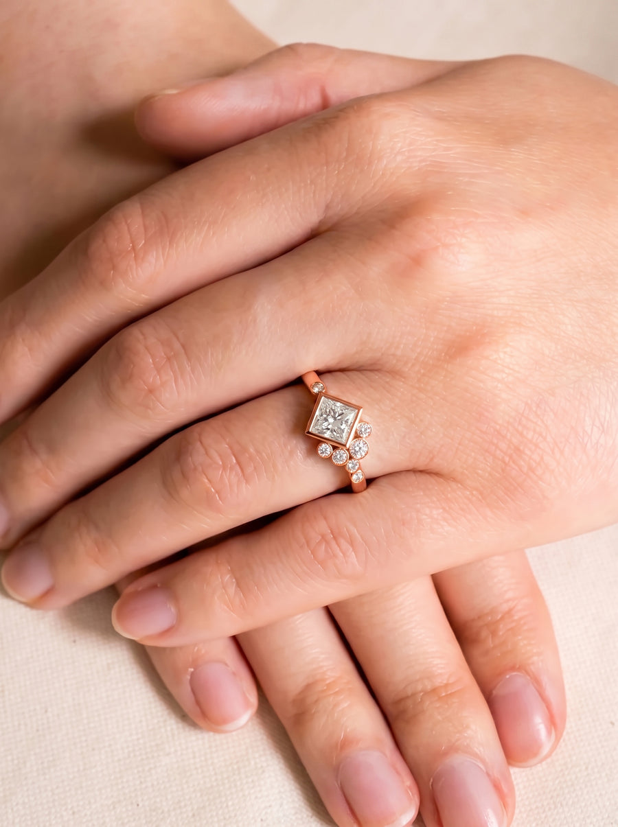 Princess Cut Rocky Water Bubbles Engagement Ring