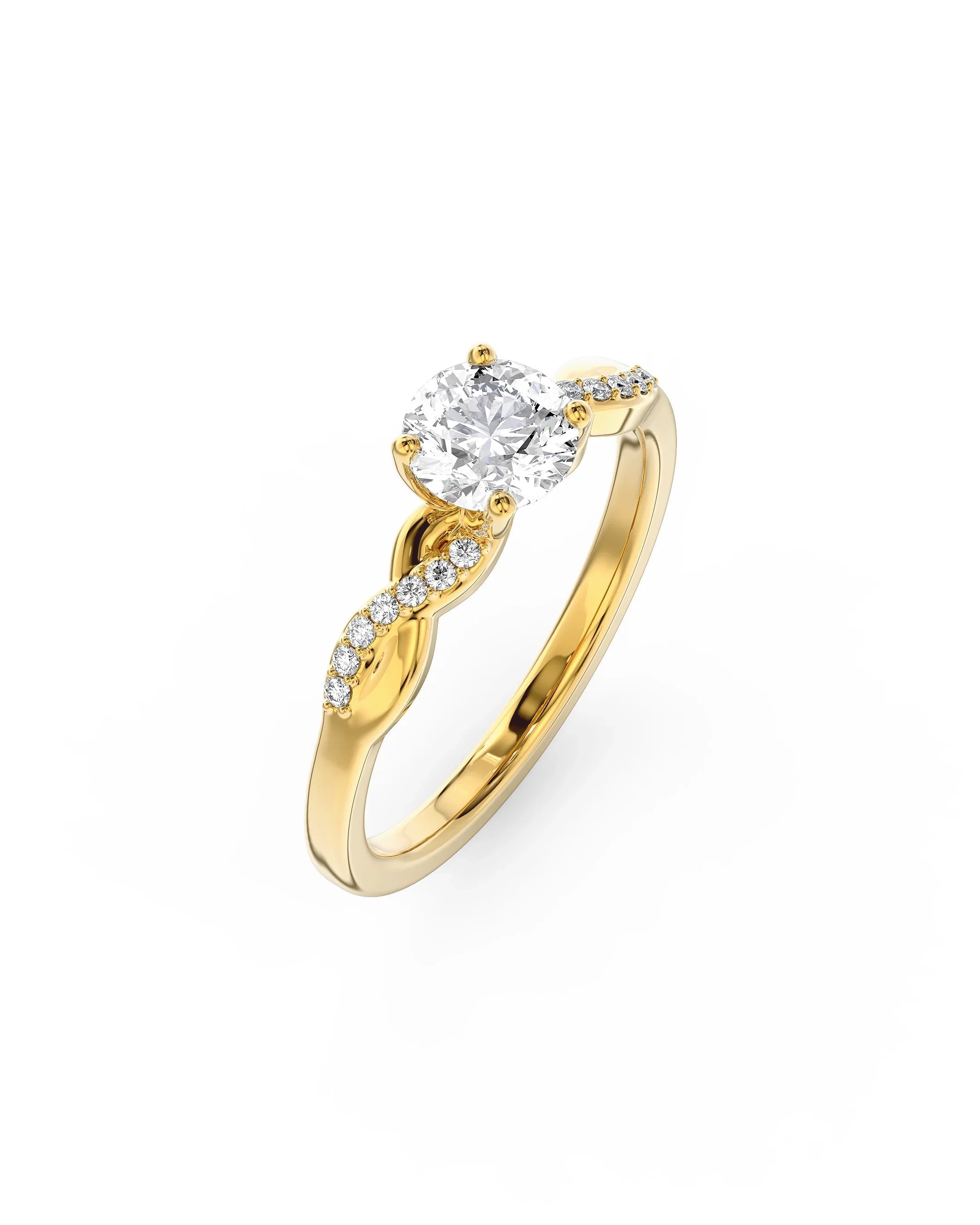Yellow gold engagement ring with round diamond and twisted claw pavé setting