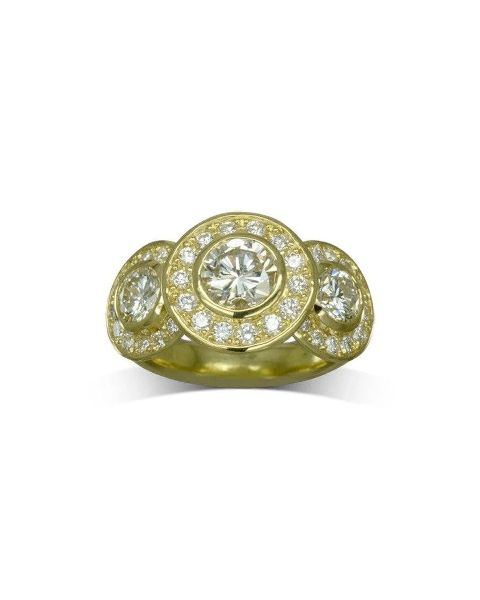 18ct yellow gold trilogy cluster ring with round diamonds and pavé-set accents