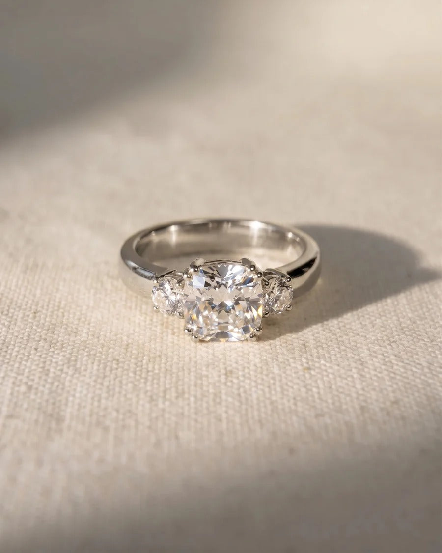 Cushion Cut Trilogy Engagement Ring