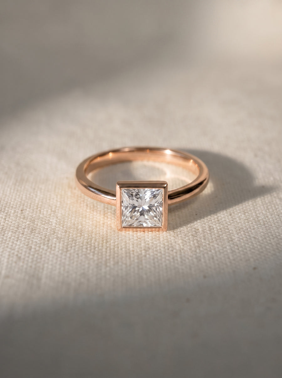 Princess cut diamond engagement ring in a rose gold bezel setting on a textured fabric background.