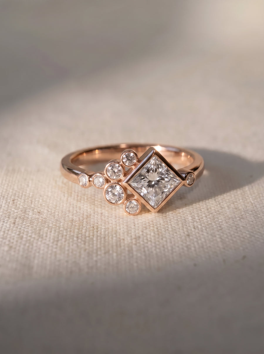 Princess Cut Rocky Water Bubbles Engagement Ring