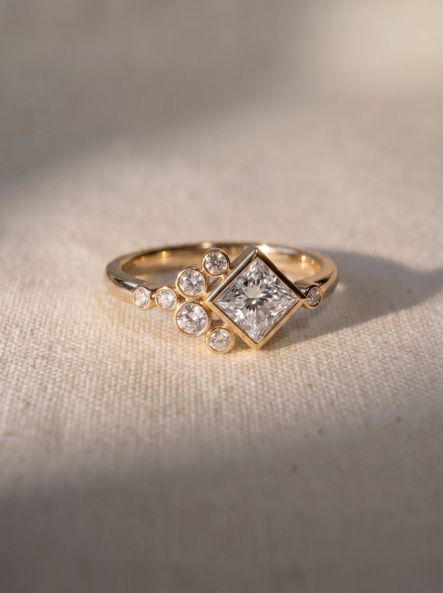 Princess Cut Rocky Water Bubbles Engagement Ring