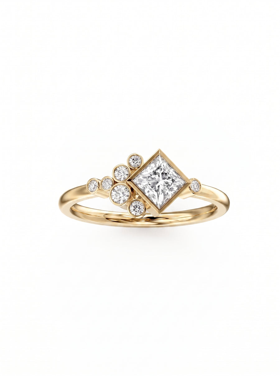 Princess Cut Rocky Water Bubbles Engagement Ring