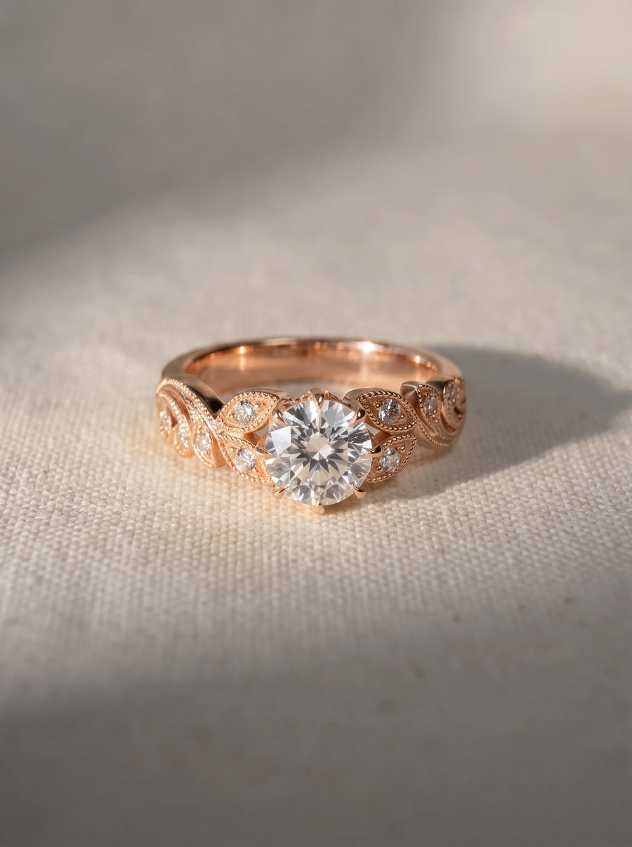 18ct rose gold engagement ring with a 1ct round cut lab grown diamond and vintage leaf-inspired detailing.
