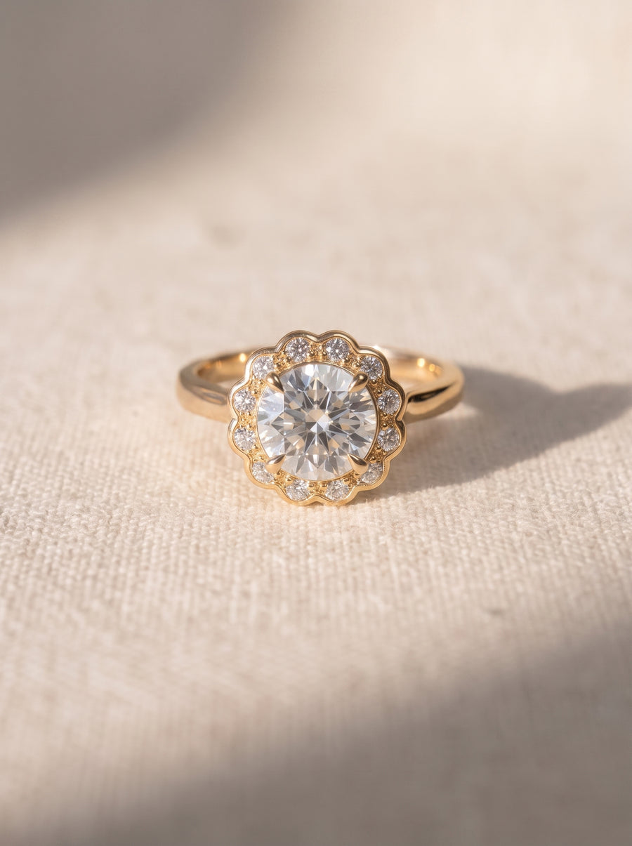 Gold engagement ring with a round diamond center stone in a scalloped cluster setting with heart details.