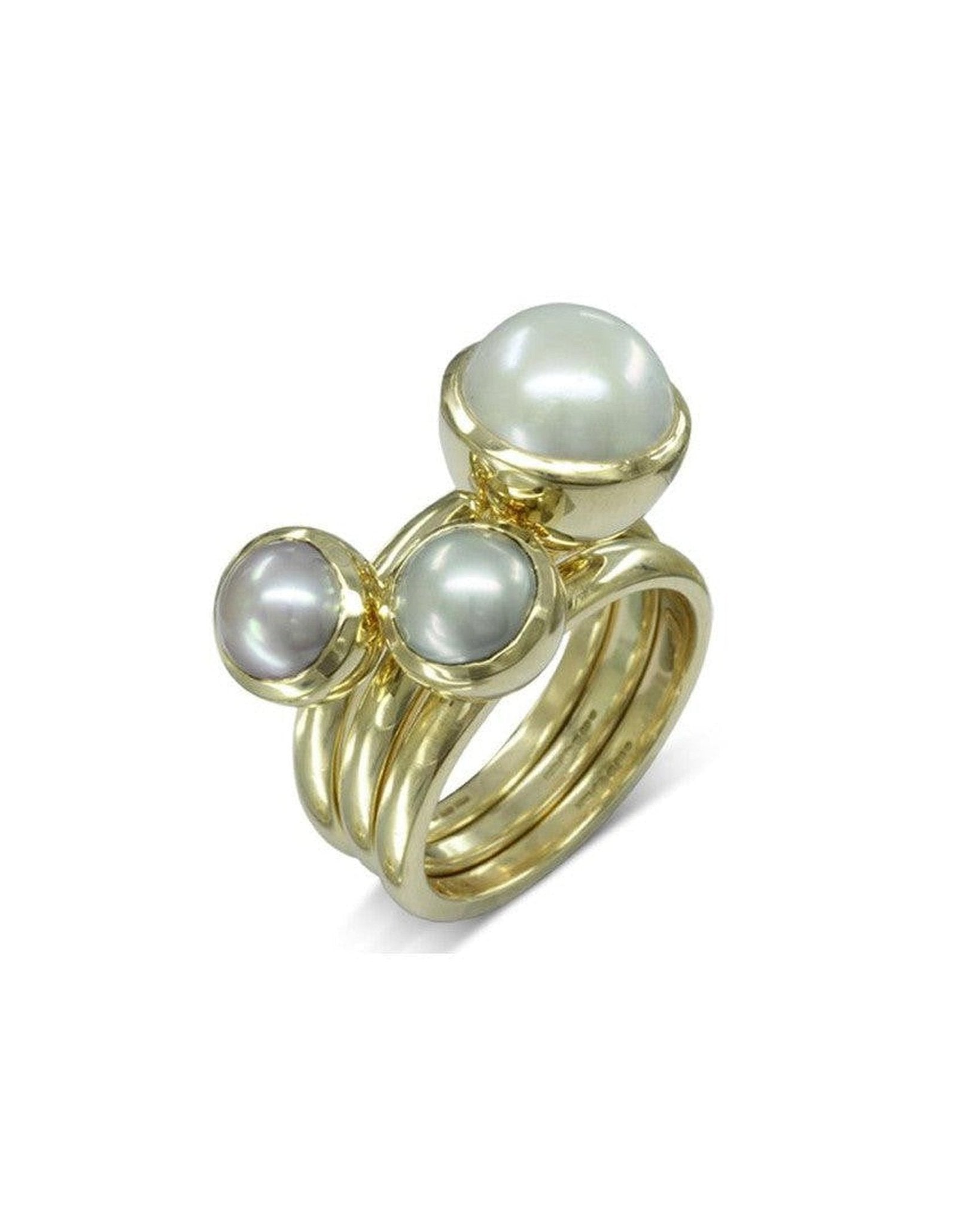 9ct Gold Pearl Stacking Ring Set Ring Pruden and Smith 9ct Yellow Gold 10mm White Freshwater Two 7.5mm Akoya