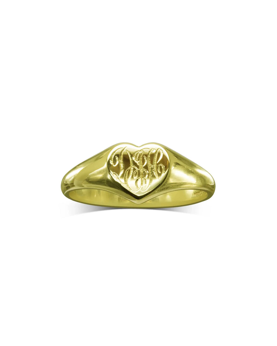Heart-shaped gold signet ring with engraved script, luxury handmade jewellery