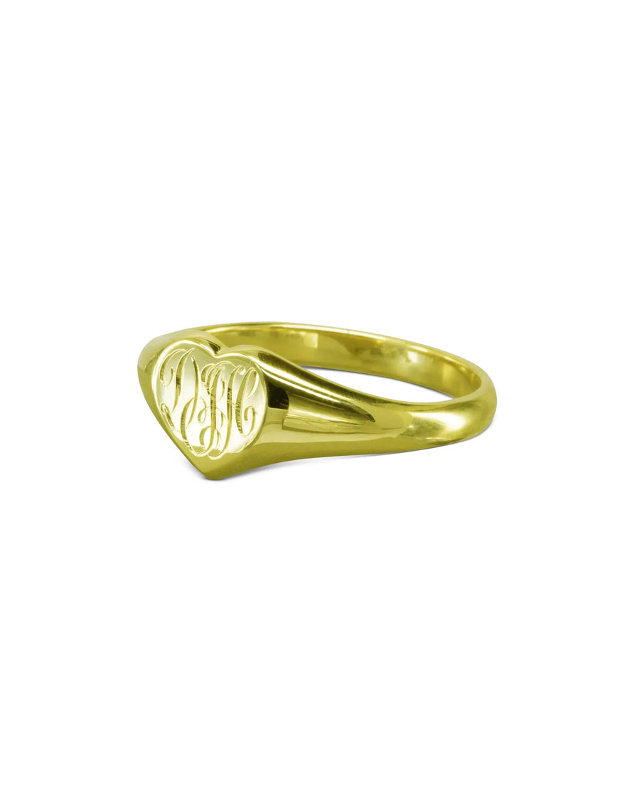Gold heart signet ring with engraved script initials, handmade luxury jewellery