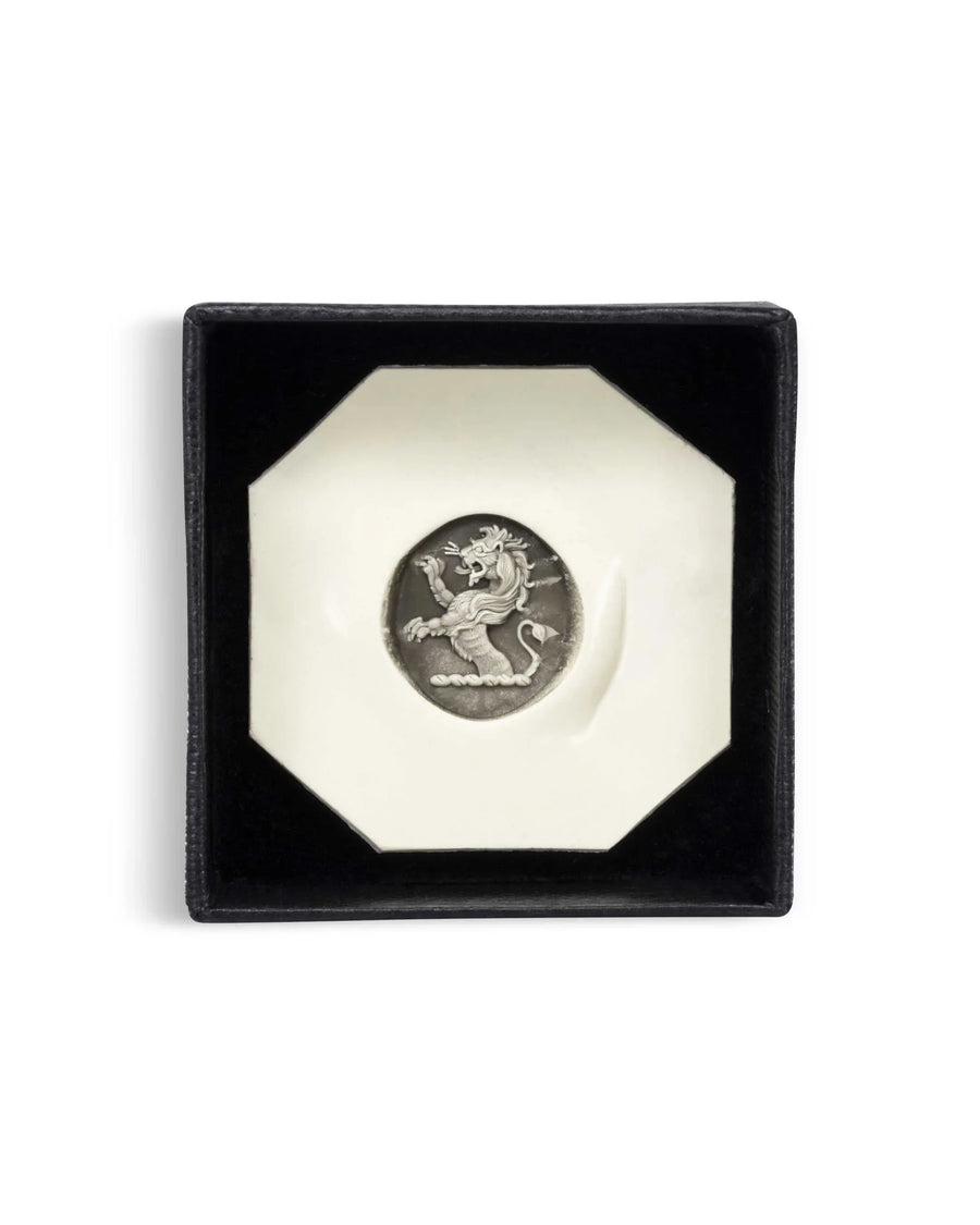 Silver signet ring with rampant lion crest in black presentation box, luxury jewellery