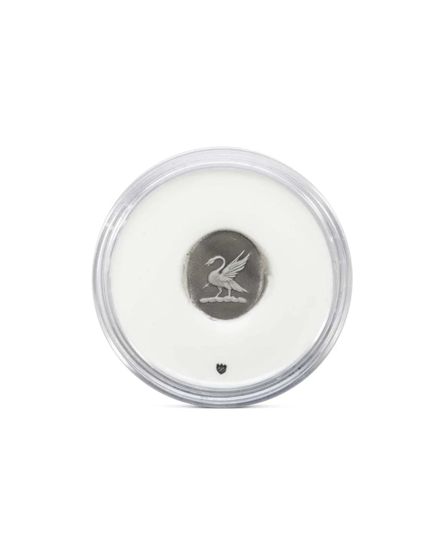 Silver coin with engraved swan design, displayed in a clear round case on white background