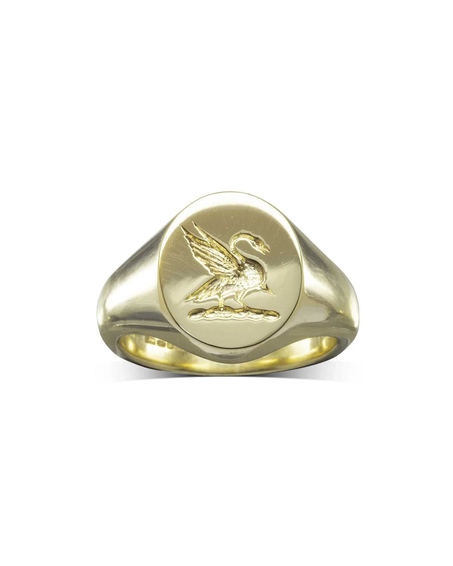 9ct yellow gold signet ring with engraved swan design on a polished oval face