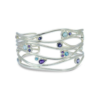 Six Strand Amethyst and Topaz Solid Silver Cuff Bangle (Wide) Bangle Pruden and Smith   