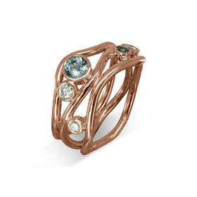 Three Strand Gemstone and Diamond 9ct Gold Dress Ring Ring Pruden and Smith 9ct Rose Gold Aquamarine (Pale Blue/Green) 
