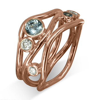 Three Strand Gemstone and Diamond 9ct Gold Dress Ring Ring Pruden and Smith 9ct Rose Gold Aquamarine (Pale Blue/Green) 