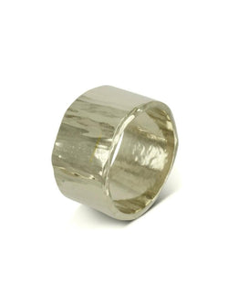 Wide Gold Side Hammered Wedding Ring Ring Pruden and Smith 12mm 9ct White Gold 