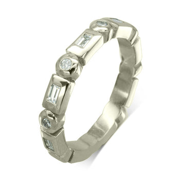 Chamfered Alternating Baguette Round Brilliant Cut Diamond Full Eternity Ring Ring Pruden and Smith 9ct White Gold  