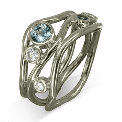 Three Strand Gemstone and Diamond 9ct Gold Dress Ring Ring Pruden and Smith 9ct White Gold Aquamarine (Pale Blue/Green) 