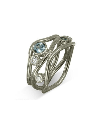Three Strand Gemstone and Diamond 9ct Gold Dress Ring Ring Pruden and Smith 9ct White Gold Aquamarine (Pale Blue/Green) 
