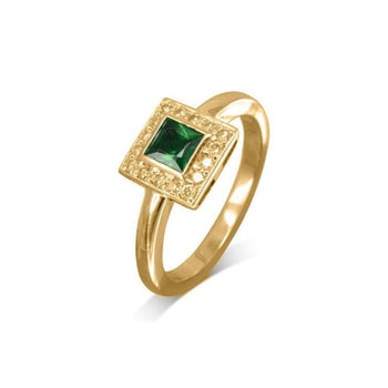 Princess Cut Emerald and Diamond Cluster Ring Ring Pruden and Smith 18ct Yellow Gold  