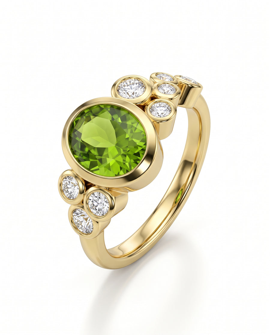 9ct yellow gold dress ring featuring a large oval peridot accented with round brilliant cut diamonds.