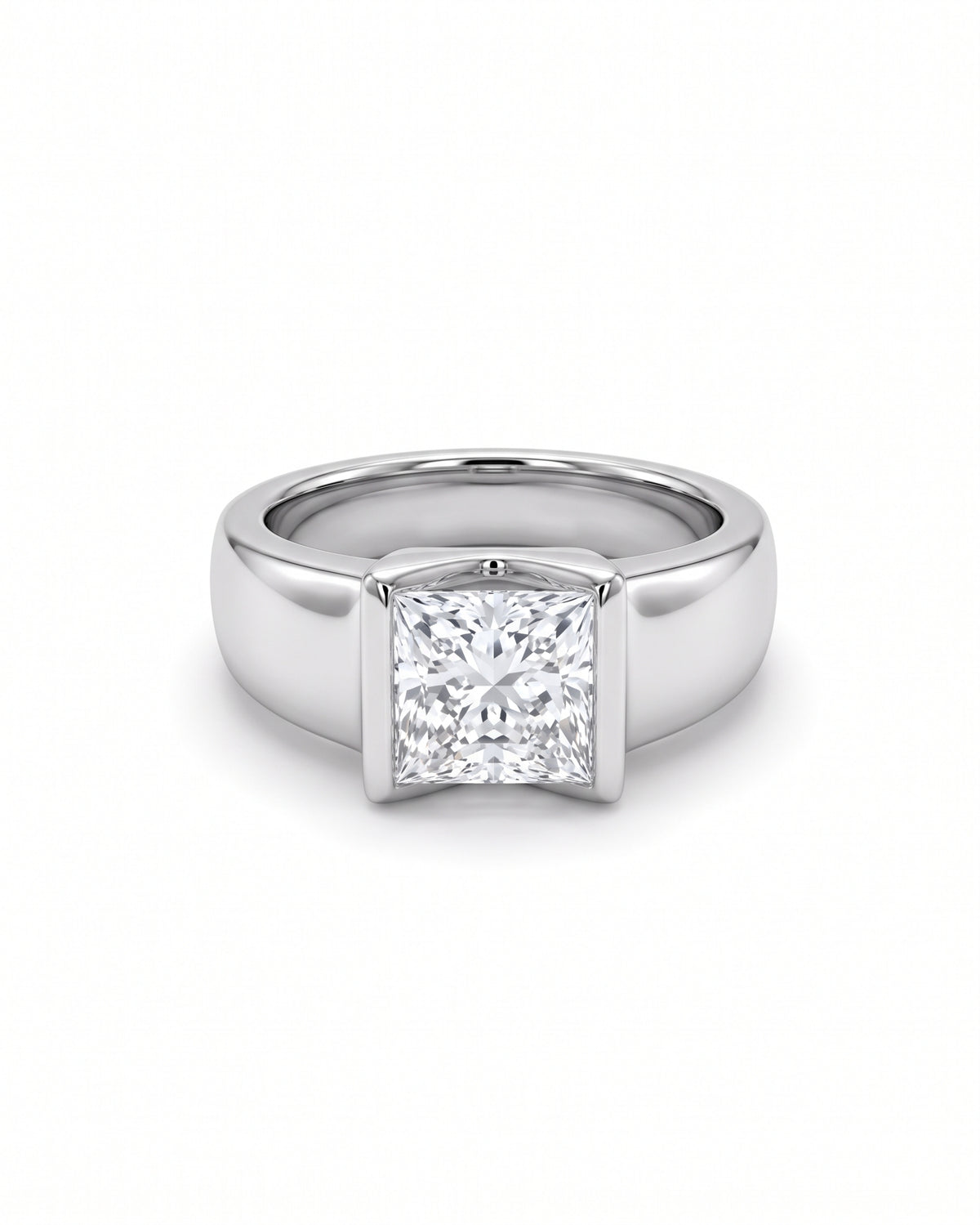 Princess cut diamond engagement ring set in a chunky polished silver band.