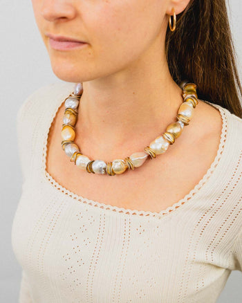 Giant Baroque Pearl Silver Disc Necklace Necklace Pruden and Smith   