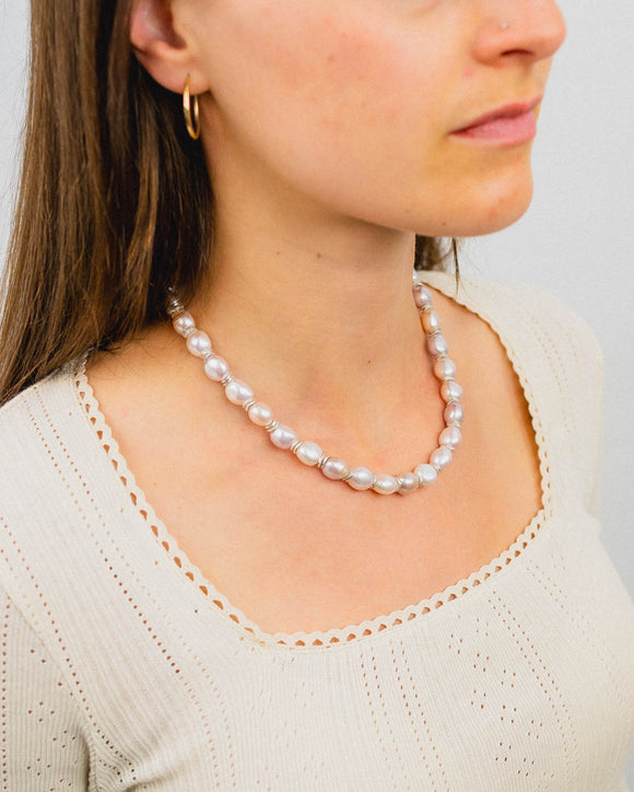 Pink Pearl Necklace with Silver Discs Necklace Pruden and Smith