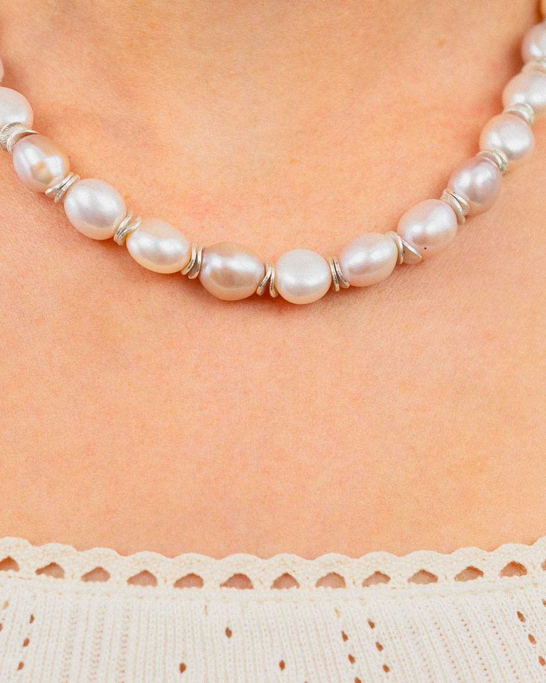 Pink Pearl Necklace with Silver Discs Necklace Pruden and Smith