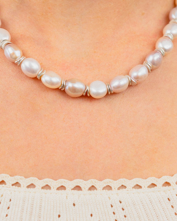 Pink Pearl Necklace with Silver Discs Necklace Pruden and Smith