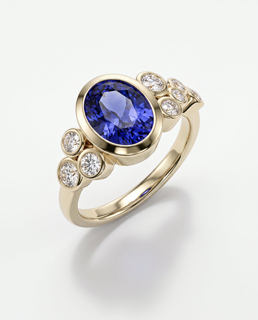 Oval tanzanite dress ring in yellow gold with bezel-set round diamond accents on a white background.