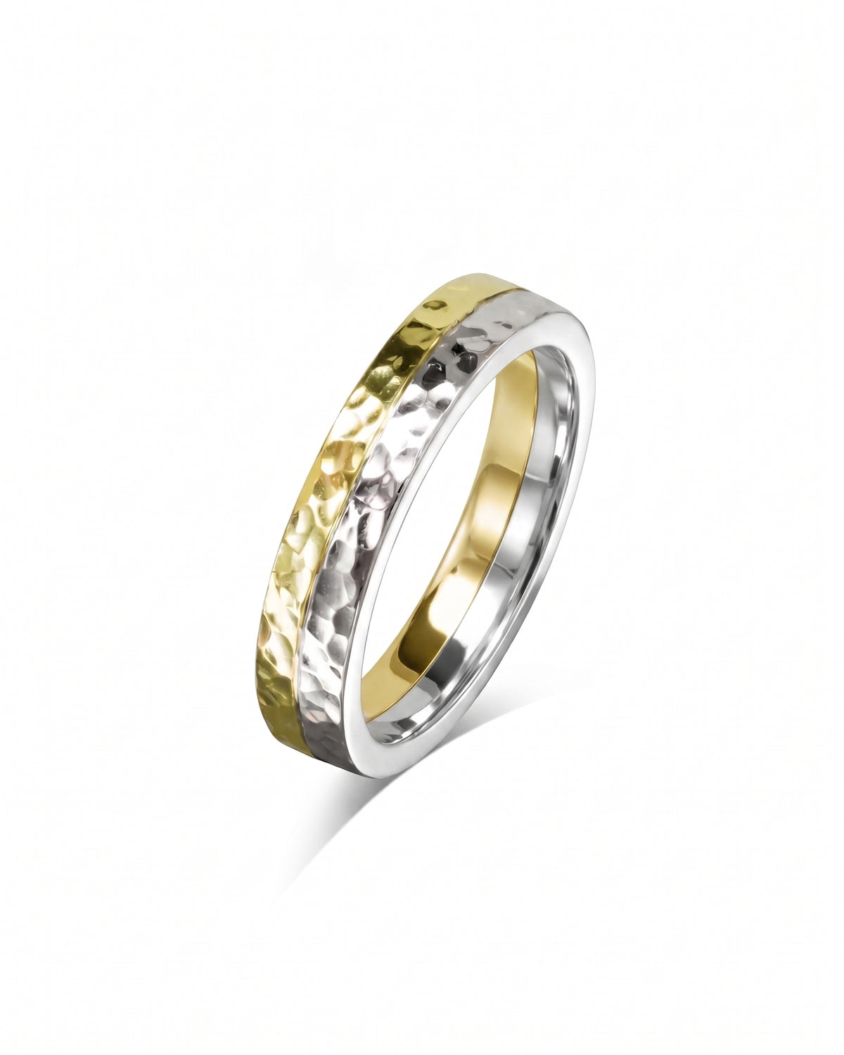 4mm two-tone wedding ring in 9ct white and yellow gold with a hammered texture finish.