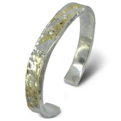 Hammered Silver and Yellow Gold Diamond Cuff Bangle Bangle Pruden and Smith   