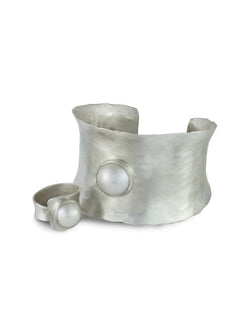 Hammered Concave Mabe Pearl Cuff Bangle Bangle Pruden and Smith   