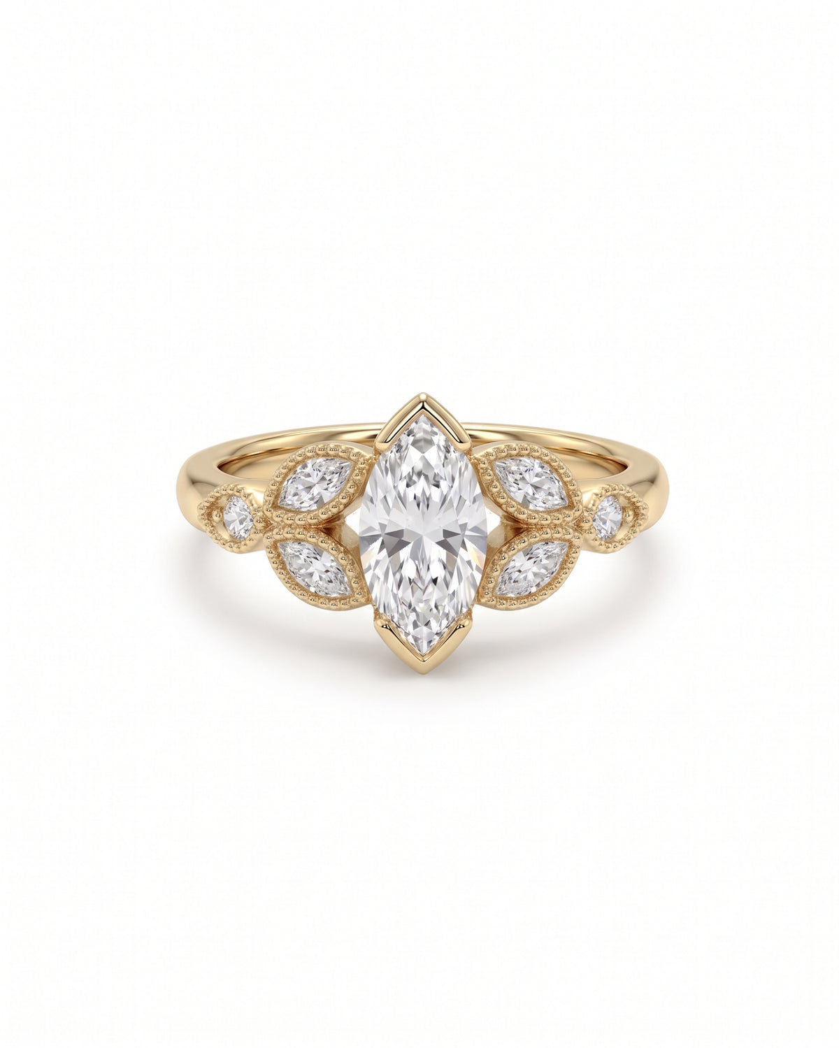 Gold engagement ring featuring a central marquise cut diamond accented by smaller marquise and round side stones.