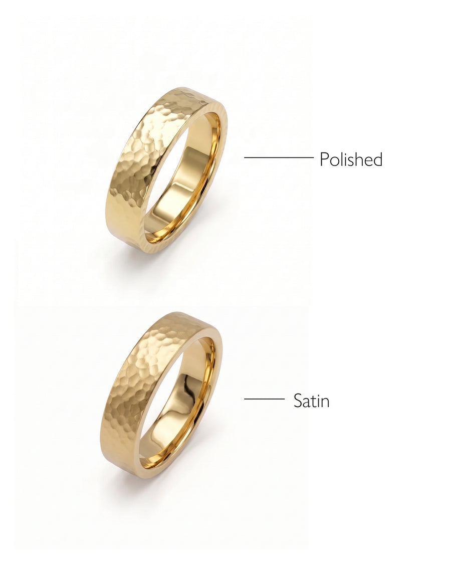 Two gold flat wedding rings with hammered textures, showing polished and satin finishes on a white background.