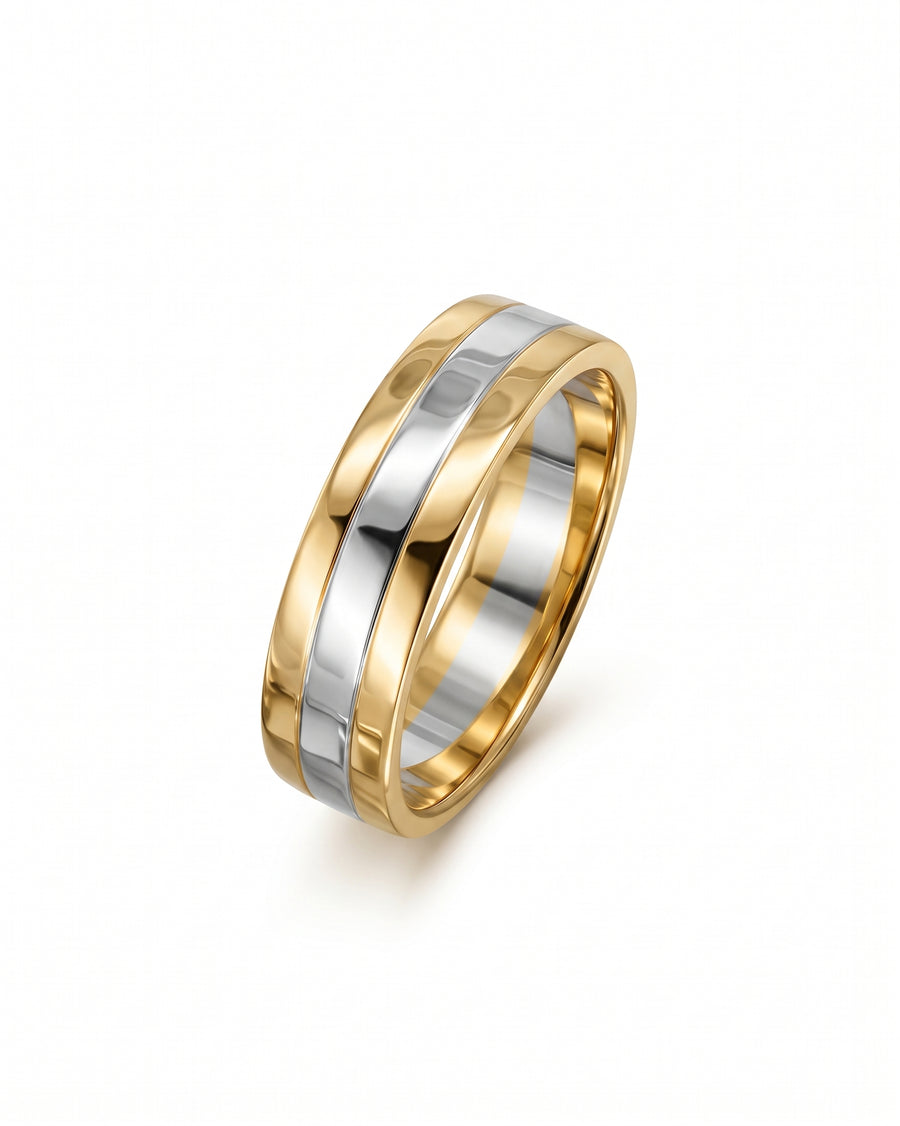 6mm flat wedding band featuring a polished white gold center inlay flanked by yellow gold edges.
