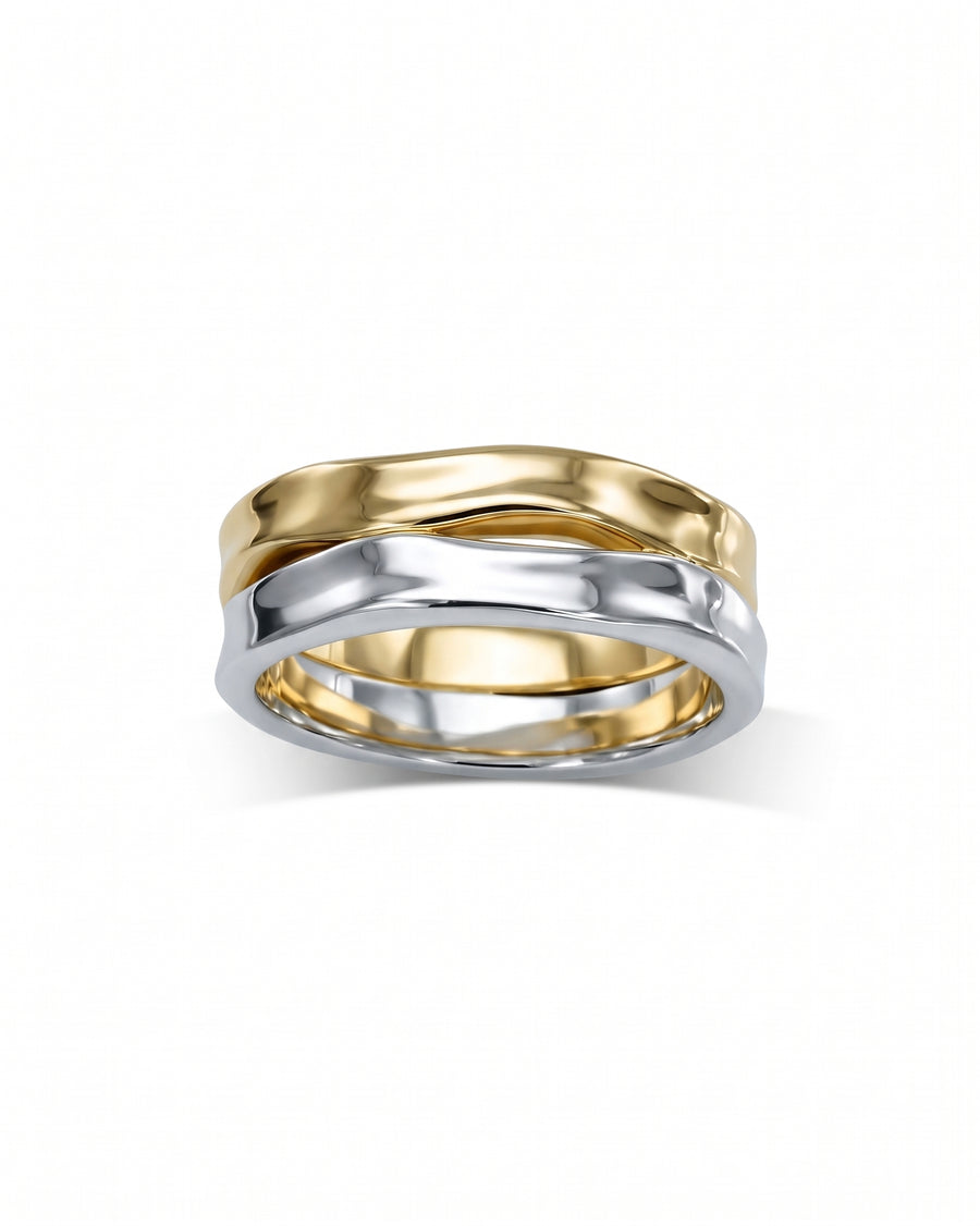 Men's mixed metal ring featuring a hammered, wavy design in gold and silver tones.