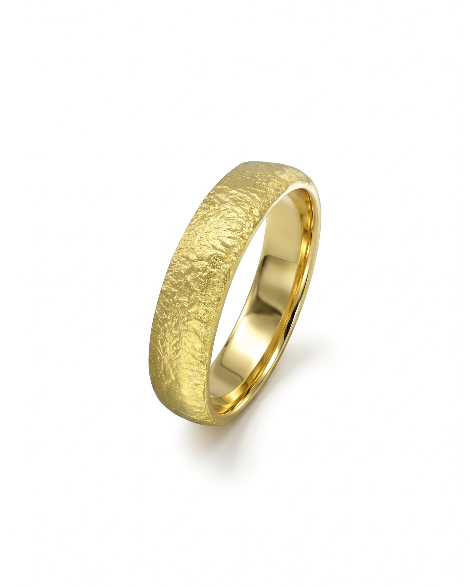 Yellow gold court wedding band with a textured, rugged outer finish and a smooth, polished interior.