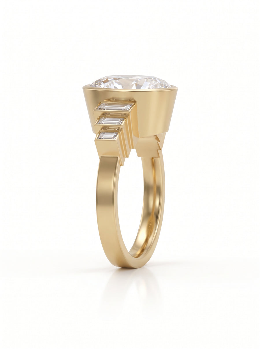 Gold engagement ring with an oval center diamond and three stepped baguette diamonds on each side.