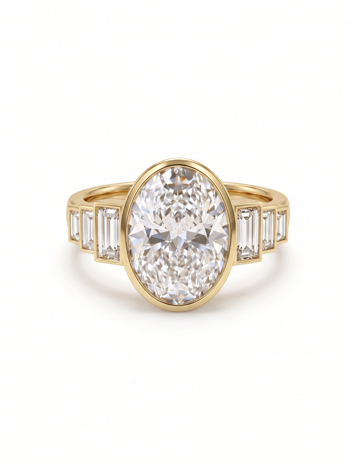 Gold engagement ring with a central oval diamond and three baguette diamonds on each side.