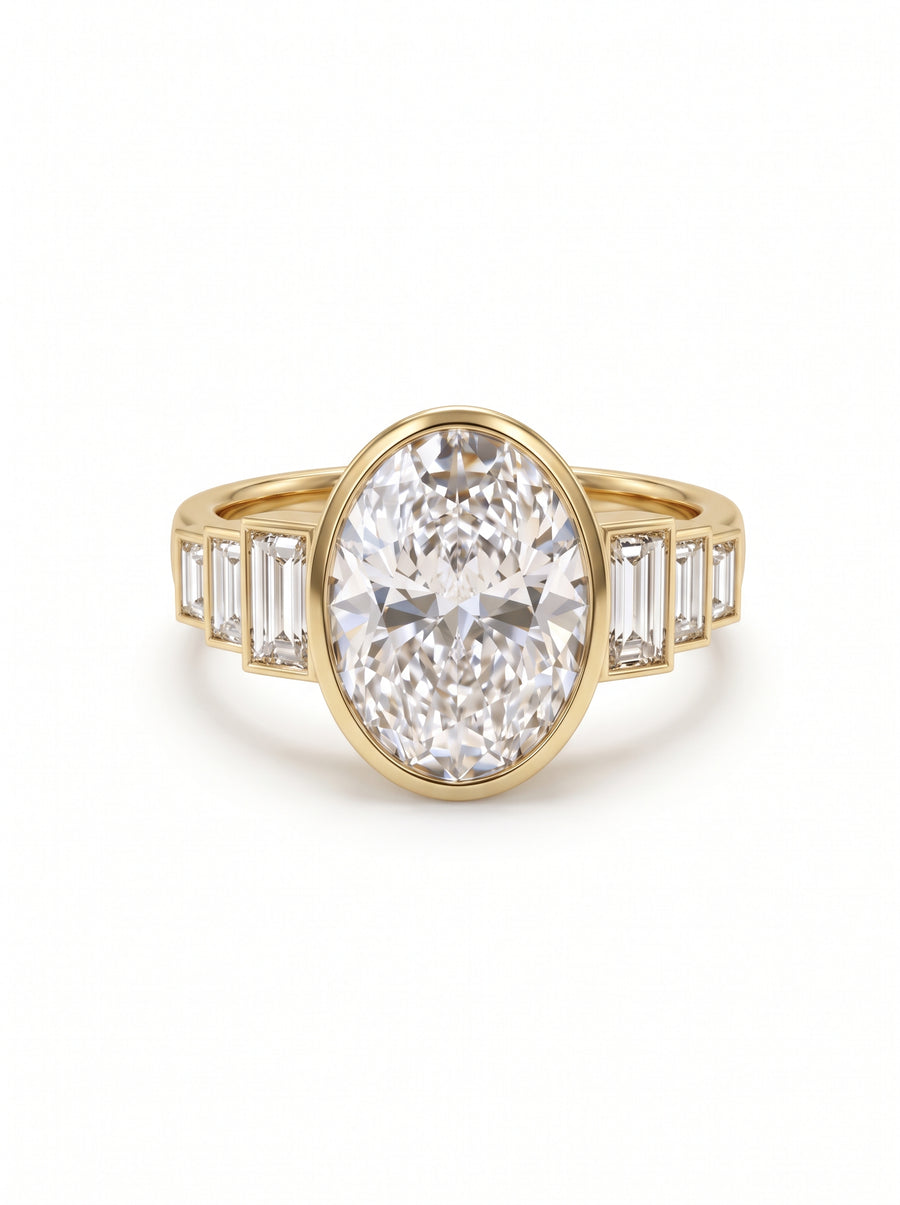 Gold engagement ring with a central oval diamond and three baguette diamonds on each side.