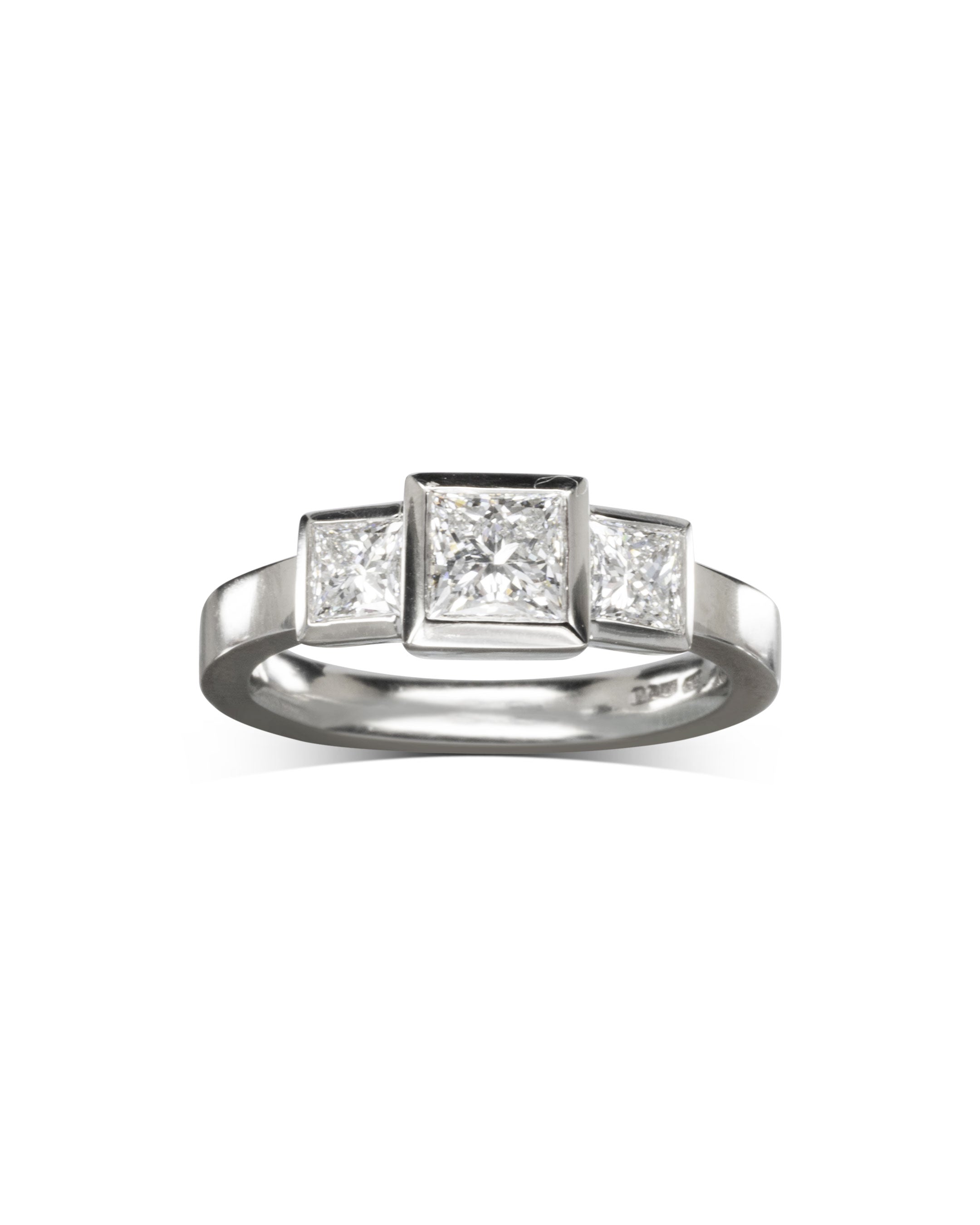 Modern Princess Cut Diamond Platinum Trilogy Ring Ring Pruden and Smith