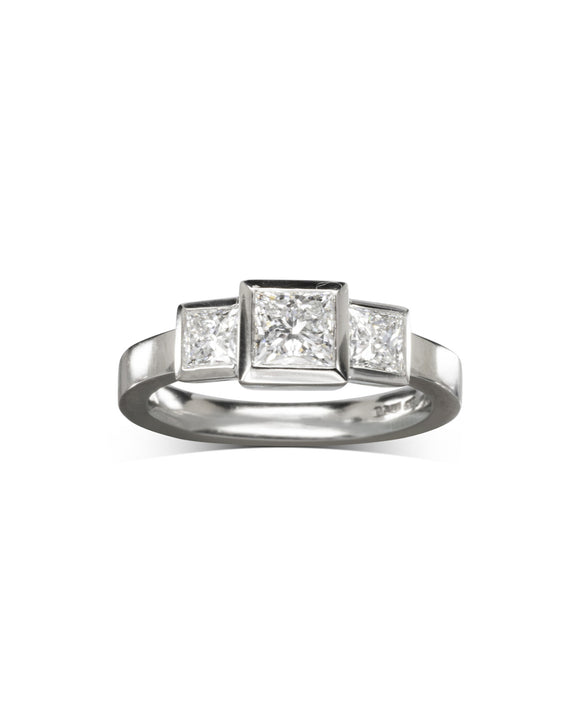 Modern Princess Cut Diamond Platinum Trilogy Ring Ring Pruden and Smith