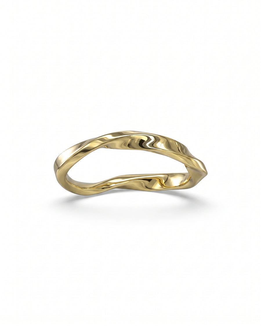 Polished gold ring with a continuous, organic twisted design on a white background.