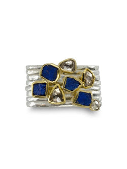 Rough Cut Lapis Lazuli Silver & 18ct Yellow Gold Stacking Ring Ring Pruden and Smith   