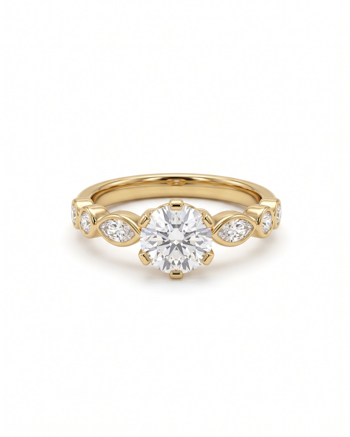 Round cut diamond engagement ring in yellow gold with marquise and round side stones on a white background.